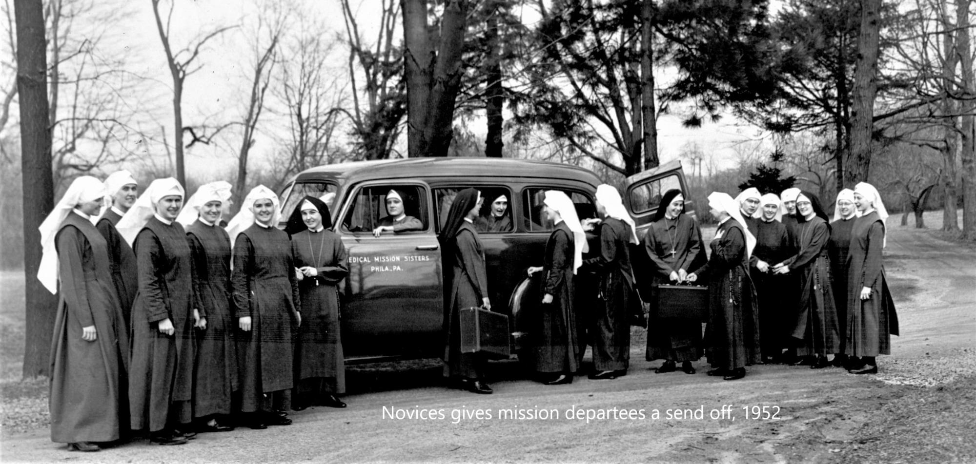 Novices give mission departees a send-off in 1952