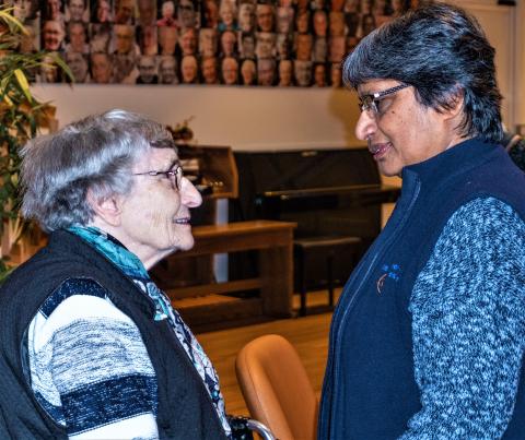 Sister Bep greets Sister Irene, MMS Society Coordinator, in The Netherlands