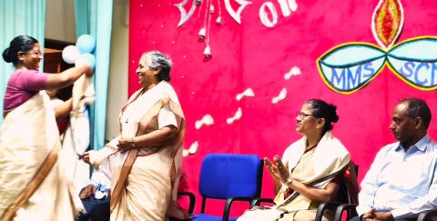 Sister Rowena Miranda MMS is welcomed by Sister Manju Ekka MMS, Sister Jackulin Jesu SCN looks on.