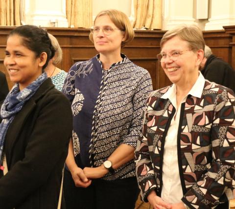 Three Medical Mission Sisters enjoy the reception at Farm St Jesuit Church 