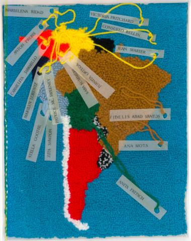 Latch hook tapestry map, depicting the work locations of each sister, Latin America album