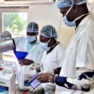 Making hand sanitiser in Techiman Holy Family Hospital
